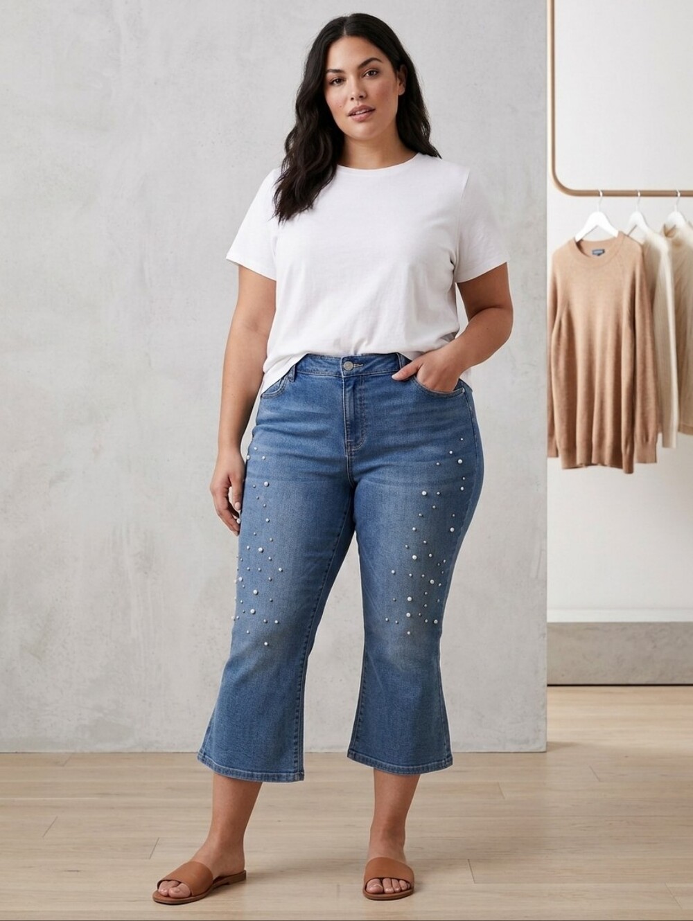 Lane Bryant Pearl-Studded Mid-Rise Stretchy Kick Boot Cropped Denim Capris 22